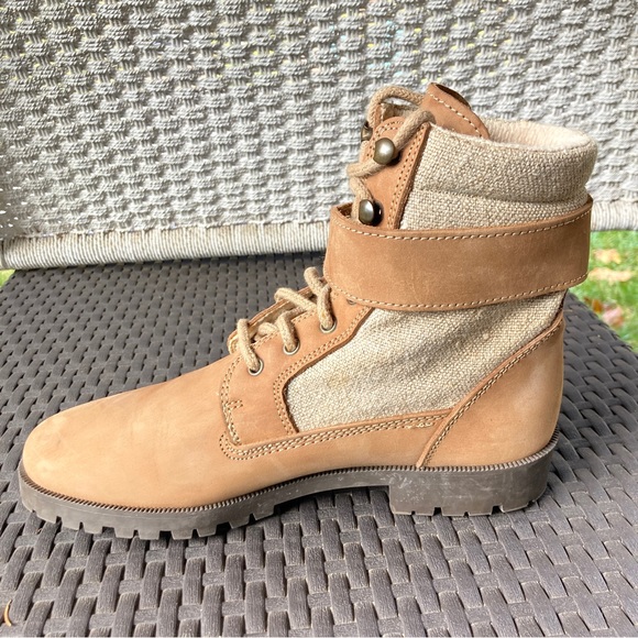 Trader Bay High Tan ankle boot leather fabric lace up buckle chunky heel flat - Picture 2 of 14